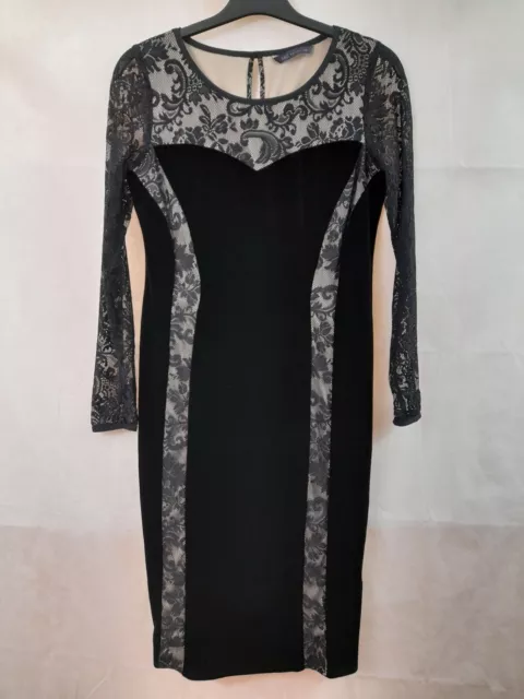 M&S Black Velvet Floral Lace Mesh Sheer Bodycon Pencil Wiggle Dress Size 8