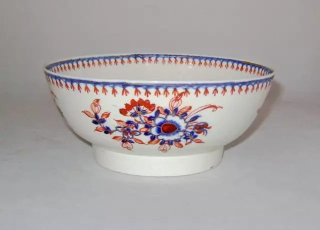 C.18th Liverpool Porcelain Bowl: Blue Printed Flowers with Red Enamel & Gilding