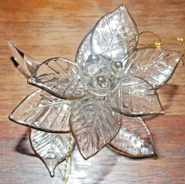 Clear Blown Glass Poinsettia Flower Gold  Gilt Christmas Ornament Unsigned