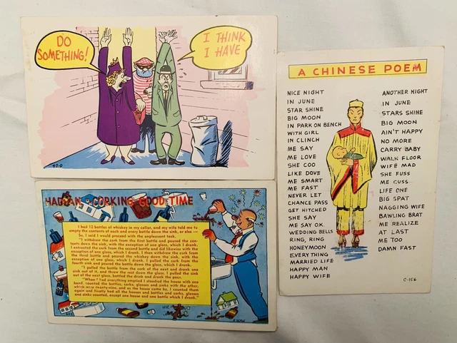 Vintage Laff Gram Humor Postcards Chinese Poem Drunk Man Couple Being Vintage Laff Gram Humor Postcards Chinese Poem Drunk Man Couple Being