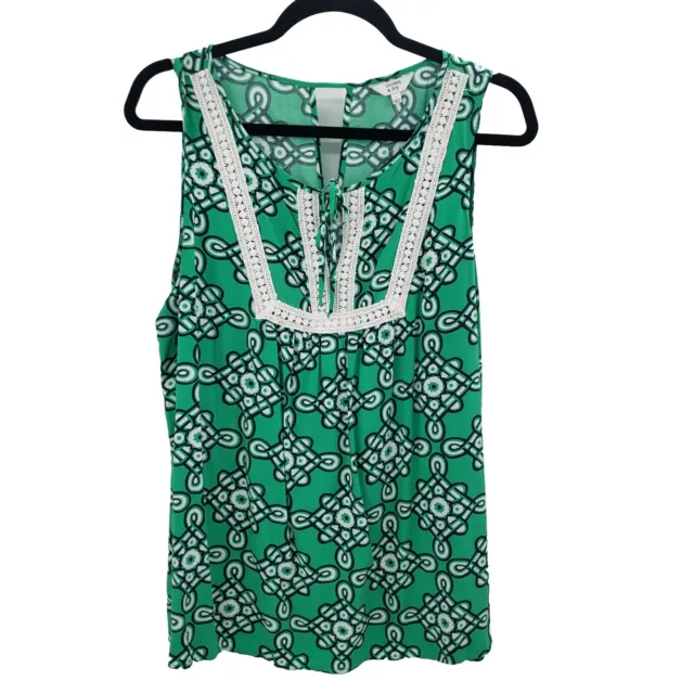 Crown Ivy Green Geometric Print Sleeveless Blouse Womens Size Large Crochet Top