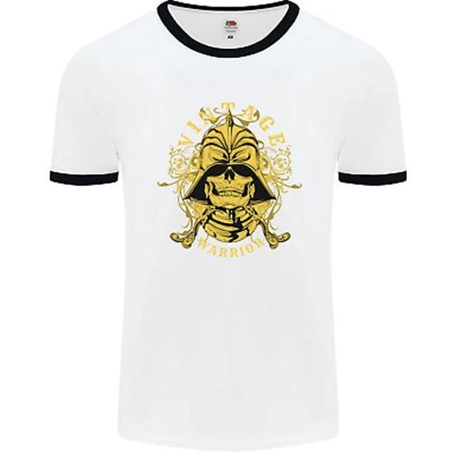 Vintage Warrior Samurai Bushido MMA Skull Mens White Ringer T-Shirt