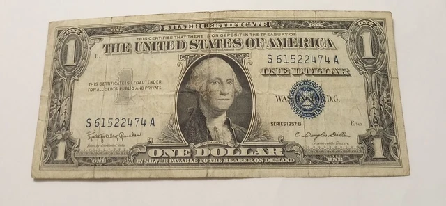 (1957 B) One Dollar Bill Silver Certificate  Note Blue Seal      S61522474A