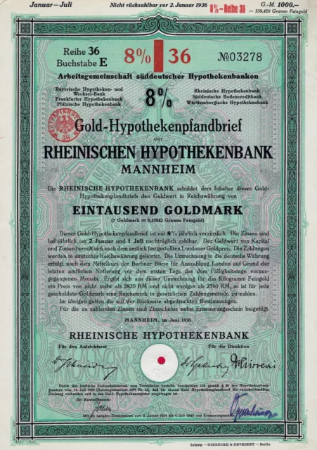 Rheinische Hypothekenbank Mannheim, 8% Gold-Hypoth.Pfandbr. 1930 (1.000 GM)