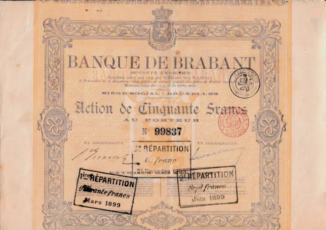 Banque de Brabant histor. Bank Aktie mit Kupons Brüssel 1889 Belgien Belgique
