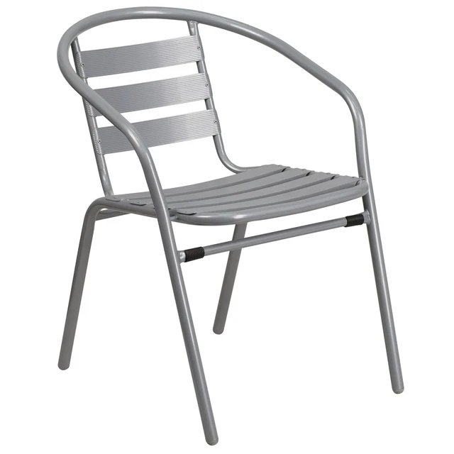 Outdoor Patio Restaurant Stack Chair with Silver Metal Frame and Aluminum Slats