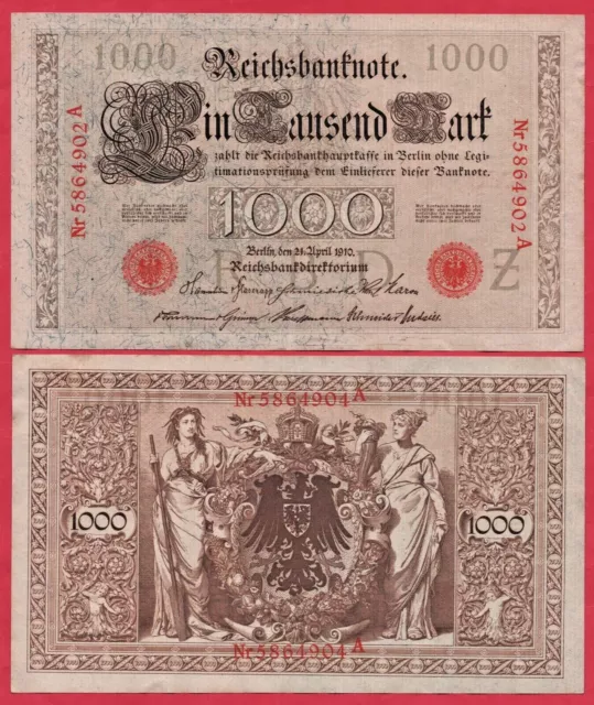 Germany 1,000 Mark 1910 P44 Red Seal Reichsbank Banknote Aunc