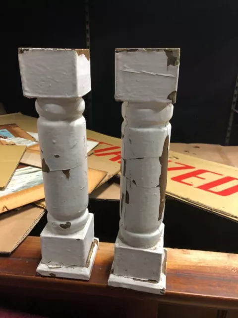 2 vintage wooden porch spindle balusters 12” x 3.25” chippy white paint