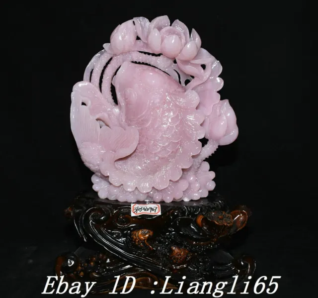 15.7'' Natürliche Rosa Xiu Jade Lotus Blume Fisch Goldfisch Fische Statue