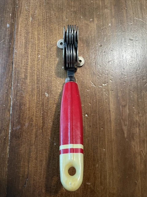 A & J EKCO Red Wood Handle Manual Pull Thru Knife Sharpener 1940's
