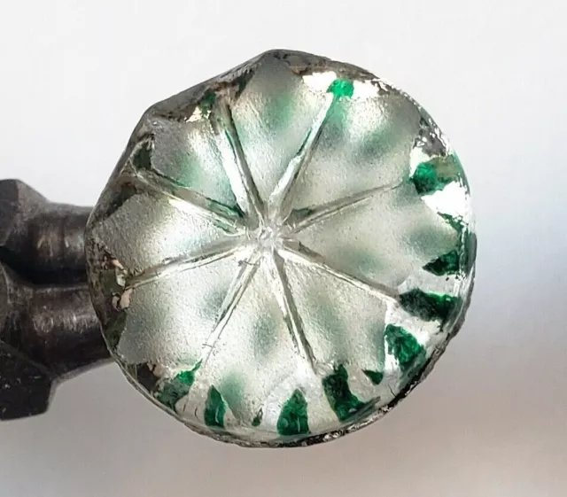 Antique Glass Button Cut & Frosted Kaleidoscope Foiled with Green Design 5/8"