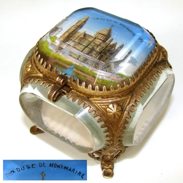 Antique French Souvenir Casket, Beveled Glass & Eglomise Sacre Coeur Montmartre