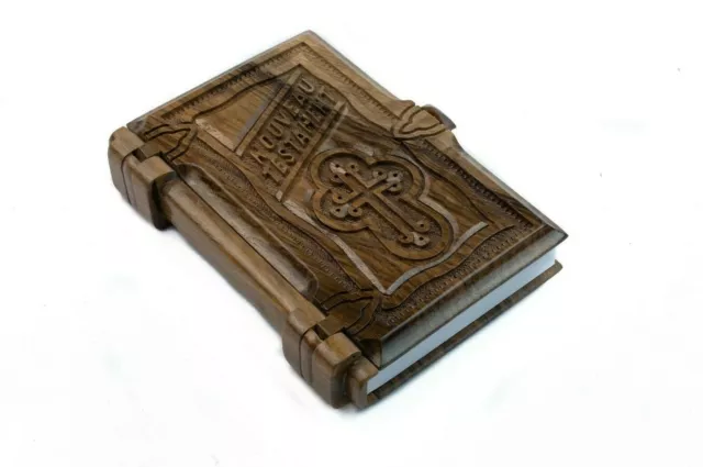Hand Carved Walnut Wood New Testament contemporary French version 7.7" 412pages