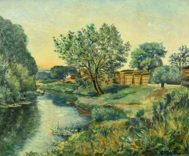 Tableau HST post-impressionniste. Paysage animé d’Albert Cordier (1871-1906)