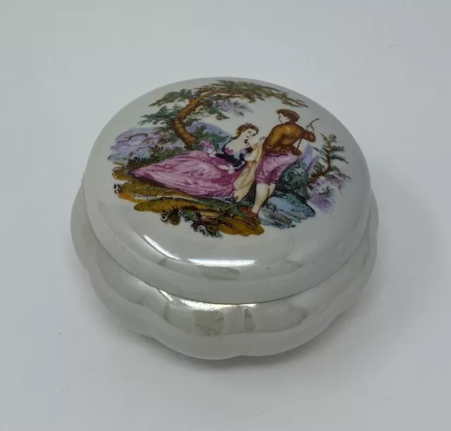 Vintage 1940 Porcelain Jewelry Box Rococo Carnival Glass Pastoral Scene Germany