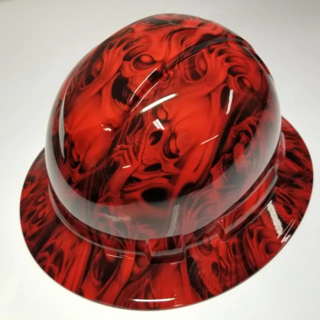 full brim hard hat custom hydro dipped IN RED HEAR NO , SEE NO EVIL SKULLS NEW 3