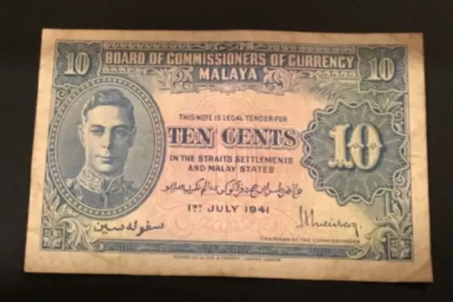 Banknote Of Malaya Ten Cents Dated 1941. King George V1. Great Condition.