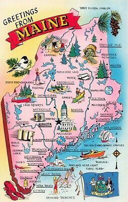 Postcard Greetings From Maine Map Pine Tree State Statehood March 15 1820