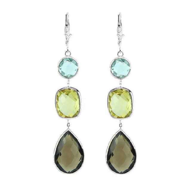 14K White Gold Earrings With Lemon, Blue And Smoky Topaz Gemstones Dangle