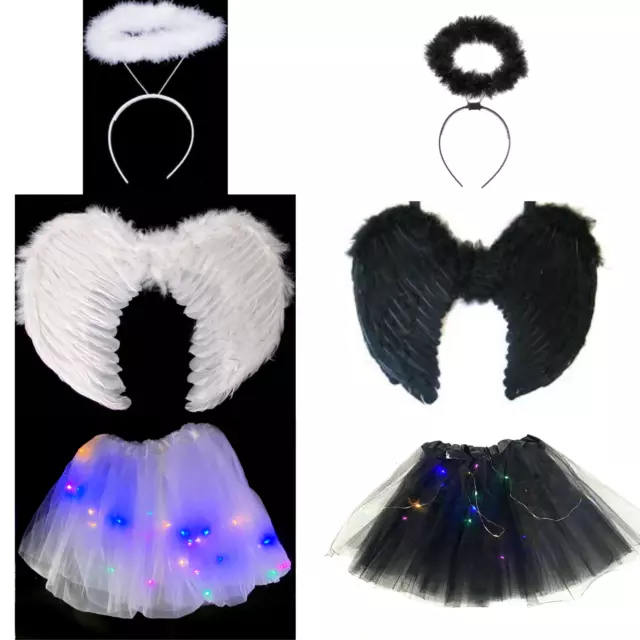 Feather Wing & Halo Light Up Tutu Fancy Dress Costume Black White Dark Angel