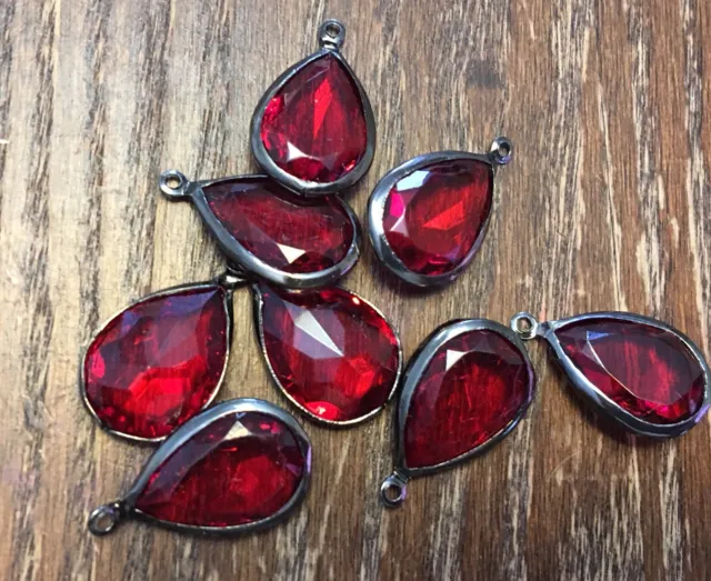 Vintage Cranberry Lucite Faceted Pear Drop Gunmetal Plated Drops Charms Lot