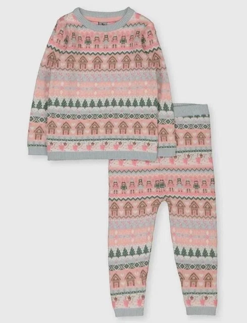 BNWT Tu Girls Christmas Fair Isle Set 3-4 Years Jumper Bottoms Pink Co-ord Xmas