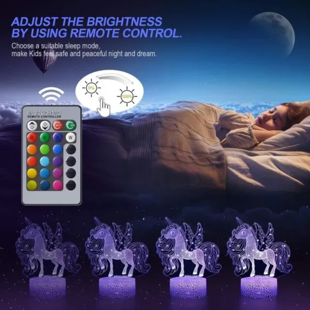 Fée Licorne 3D Lampe de nuit Lampe de chevet LED télécommande 16 couleurs USB 3