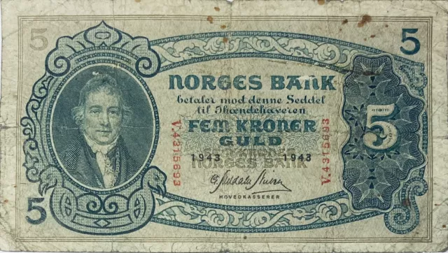 1943 NORWAY 5 NORWEGIAN KRONER OLD WW2 BANKNOTE Wilhelm Frimann Koren Christie