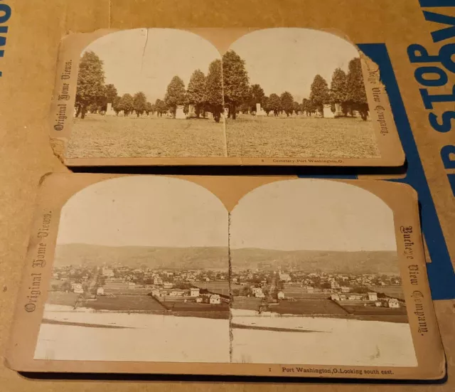 2 Buckeye View Co Stereoviews Port Washington Ohio  Birds Eye View + Cemetery