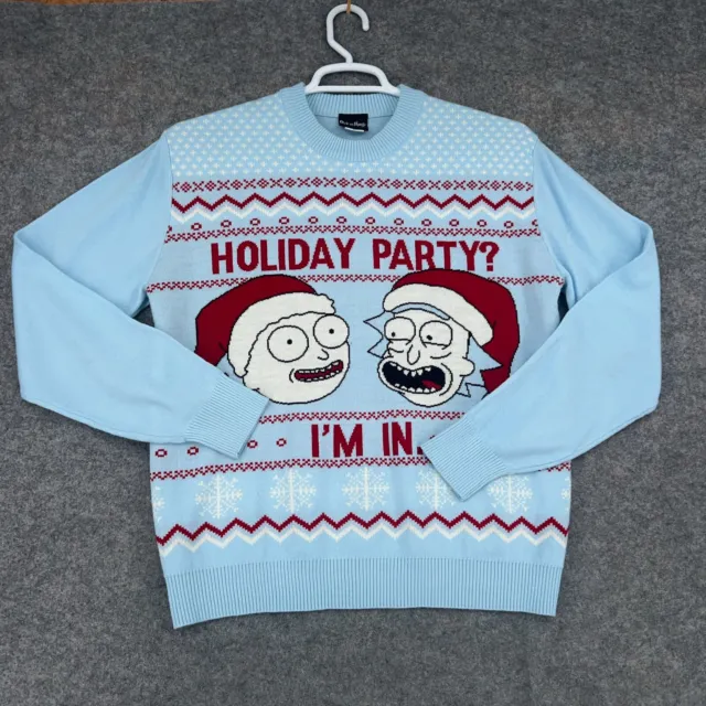 Rick and Morty Sweater Mens Large Blue Pullover Ugly Christmas Santa Holidays