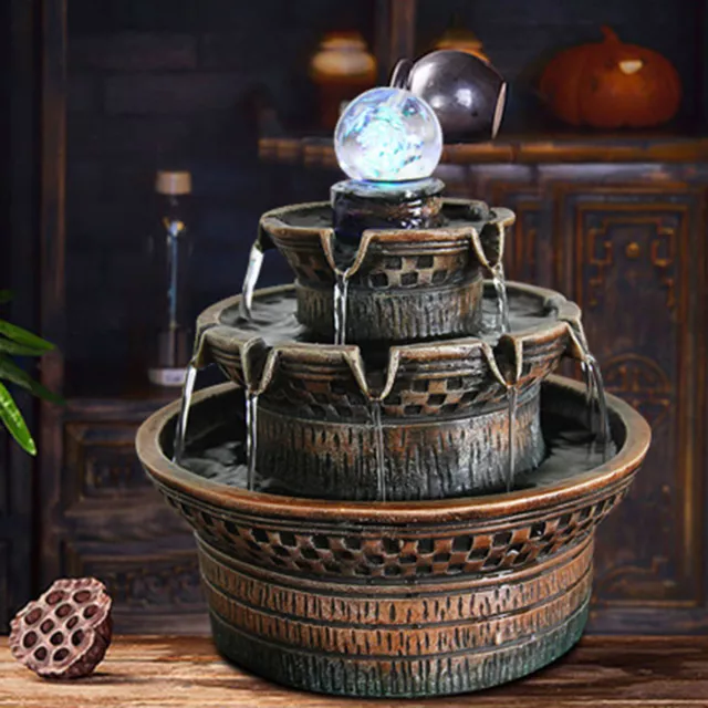 3-Tiers Indoor Water Fountain LED Light Tabletop Waterfall Zen Decor Table Small