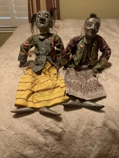 Antique BURMA BURMESE Handmade Wooden Puppet Marionette Doll, 22" T (pair)