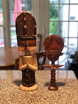 Lot of 2 Ashanti AKUABA FERTILITY FIGURE DOLLS Carved African Wood Sculptures