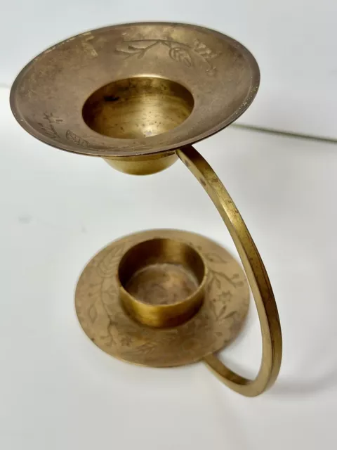 Vintage Brass Candle Holder with Etching Unique 2 Piece w/ Handle