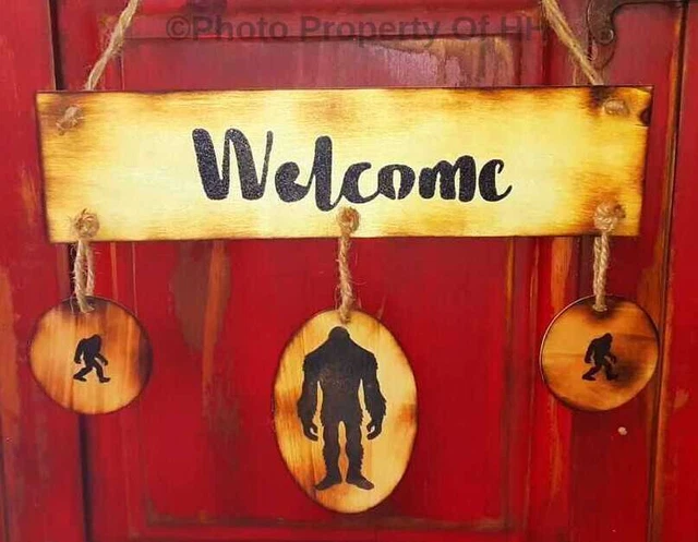 Sasquatch Bigfoot WELCOME Sign Primitive Rustic Wooden Bigfoot Sign Windchimes