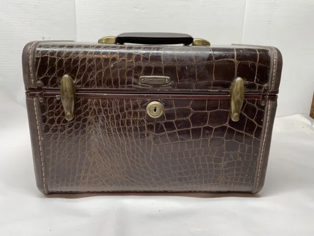 Vtg Samsonite Cosmetic Travel Suitcase Luggage 4112 Brown Faux Alligator 13"x9"