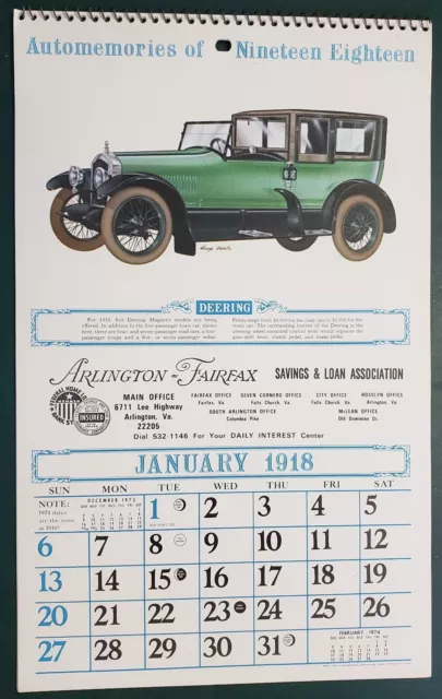 Vintage 1918 1974 Antique Car Wall Calendar Arlington, Fairfax Virginia Auto NOS