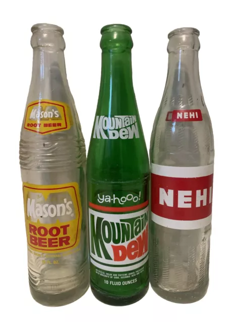 3 Vintage 10oz Glass Soda Bottles Mountain Dew. NEHI & Mason’s Root Beer