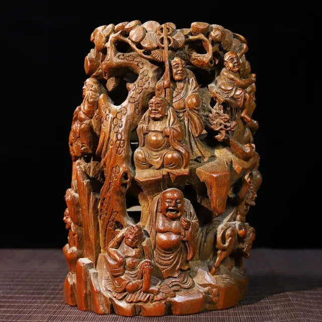 Chinese Exquisite Handmade The eighteen Arhats Carving bamboo Brush pot