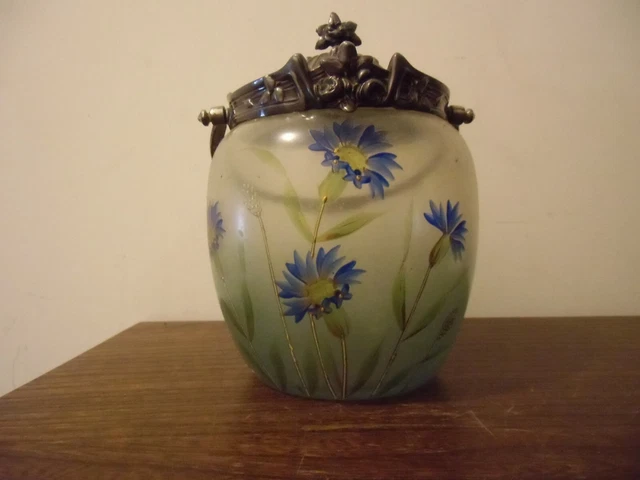 POT À BISCUIT Seau Verre émaillé 1900 Métal argenté Décor de Fleurs