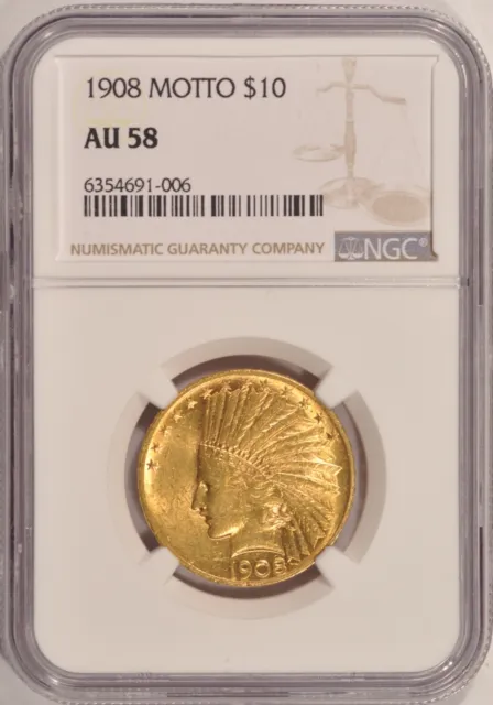 1908 $10 Gold Indian Eagle Coin NGC AU58 Pre-1933 Gold