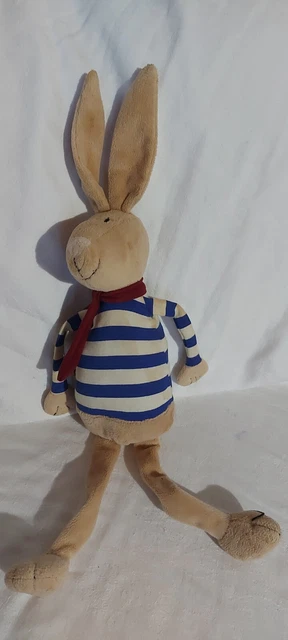 Doudou Peluche  Boutchou Monoprix Lapin Beige Bleu Blanc Raye Echarpe Tbe