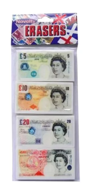 Pack of 4 Novelty Currency Erasers £5 £10 £20 £50