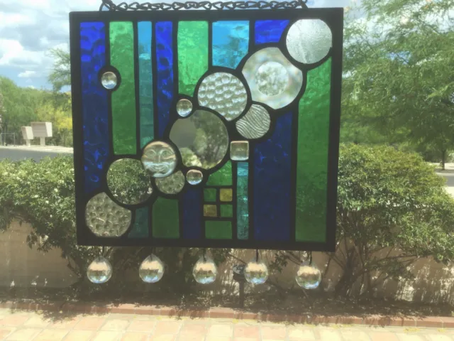 Stained Glass Art Panel Wall Window Hanging Handcrafted With Crystals and Chain