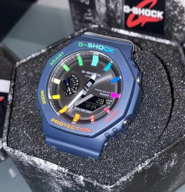 Custom Hand Painted Casio G-Shock Tough Solar GA-B2100-2A Blue Rainbow Casioak
