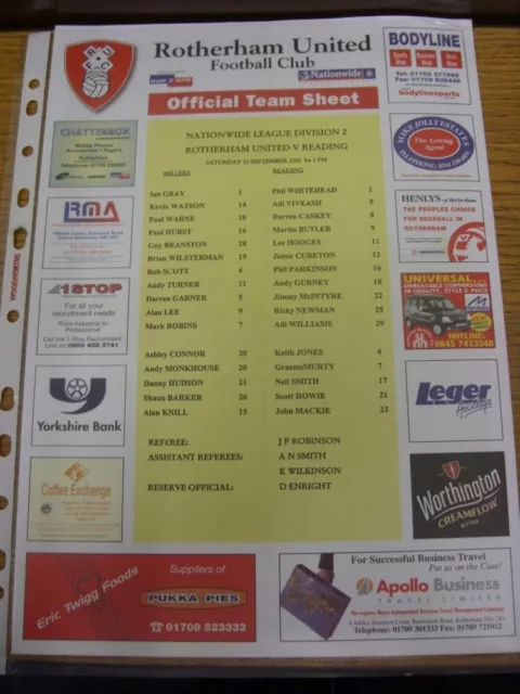 30/09/2000 Colour Teamsheet: Rotherham United v Reading (folded). Thanks for vie