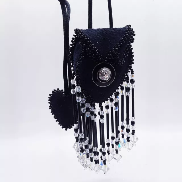 Black Suede Fringe Beaded Medicine necklace pouch 21" Scent Medicine Trinket