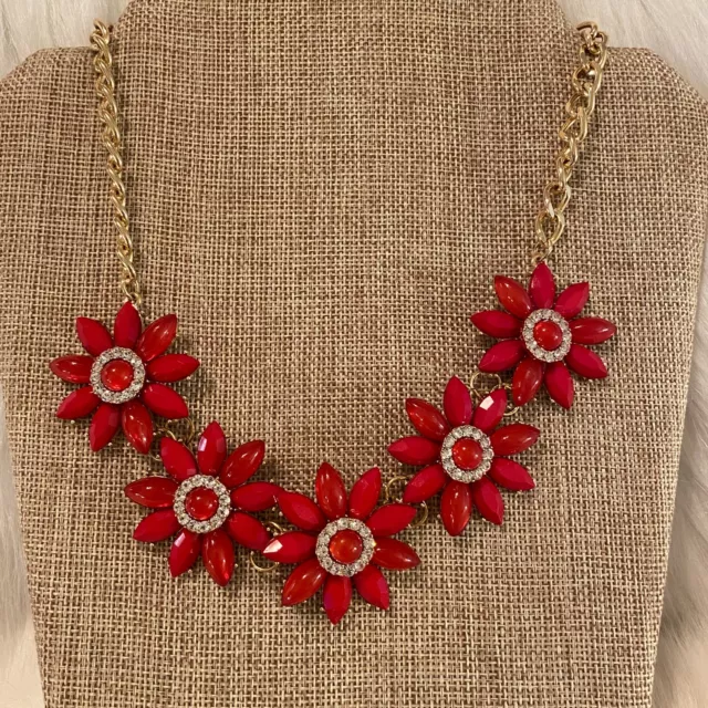 Charming Charlie Flower Necklace Red Bead Rhinestone Shiny Gold Tone Metal 5193