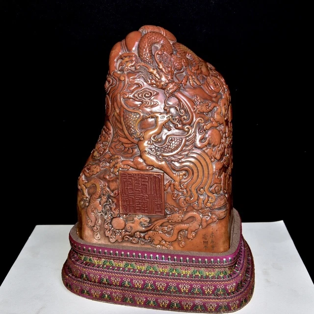 Chinese Exquisite Handmade dragon phoenix carving Shoushan Stone Statue Seal
