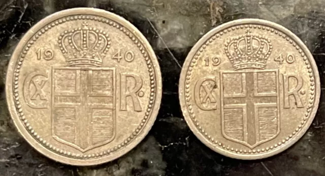 1940 Iceland 10 Aurar and 25 Aurar Coins, both XF Condition